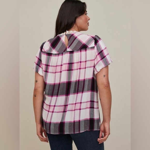 Torrid Plaid Crochet Lace Crinkle Gauze Blouse - Picture 2 of 13